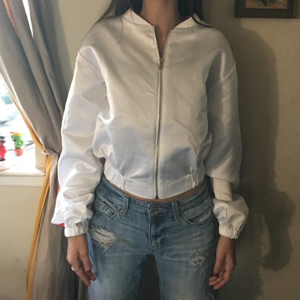 White Satin Bomber Jacket with Red Stripes